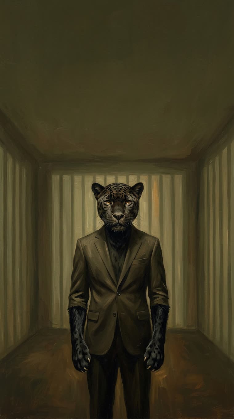 El jaguar de pie en una habitación cuyas paredes son barrotes de luz apenas visibles.