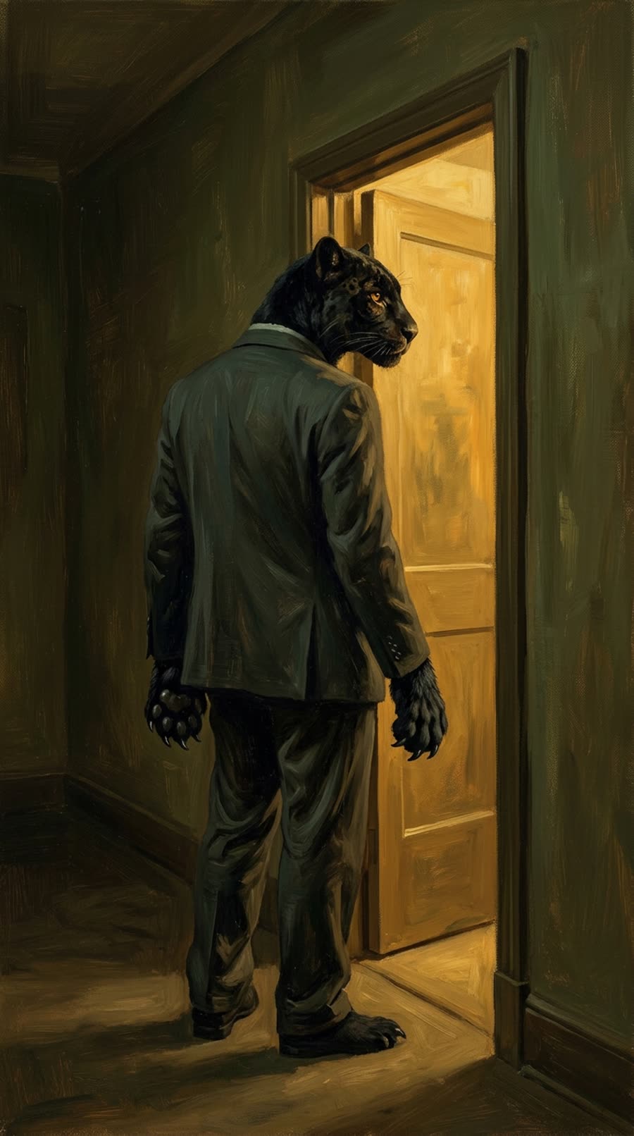 Un jaguar con cuerpo humano, de traje, a punto de cruzar una puerta llena de luz dorada.